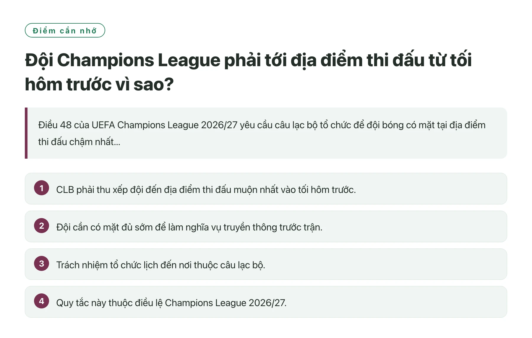 Đội Champions League phải tới địa điểm thi đấu từ tối hôm trước vì sao?——全文要点速览